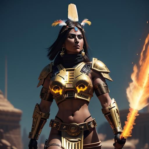 Aztec Warrior Woman with Flaming Sword in Cyberpunk Style