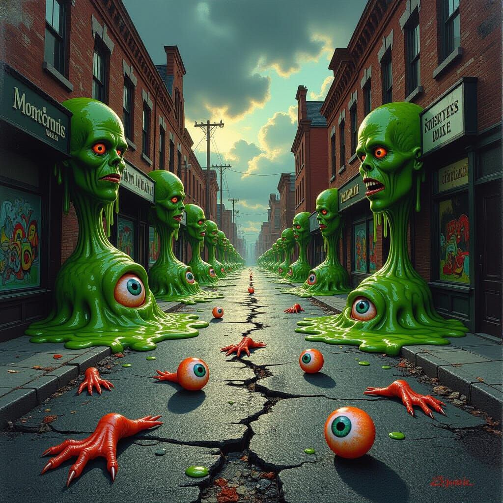 Disturbing Bosch-Beksiński Style Urban Decay Scene