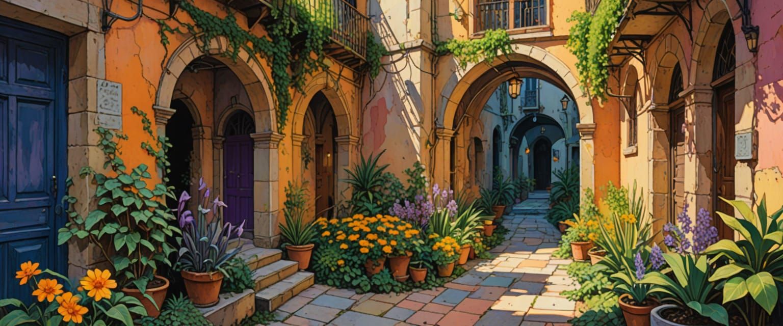 Bright Arcology Alleyways in Watercolor Comic Style