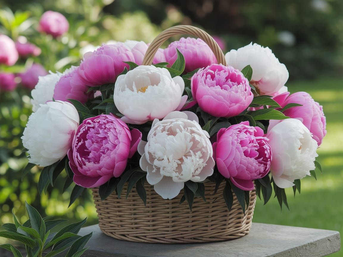 Vibrant Pink and White Peonies in a Lush Garden
