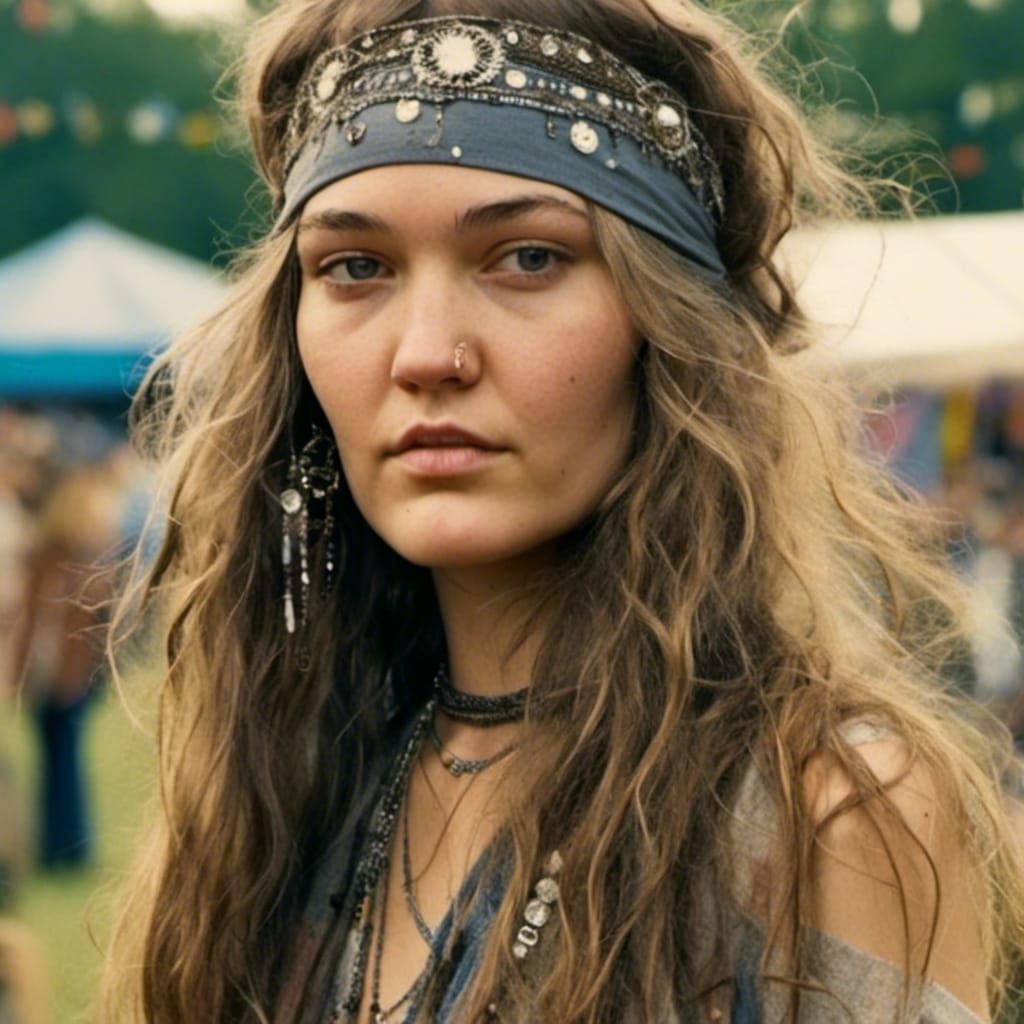Woodstock Hippie Portrait in Aged Photograph Style
