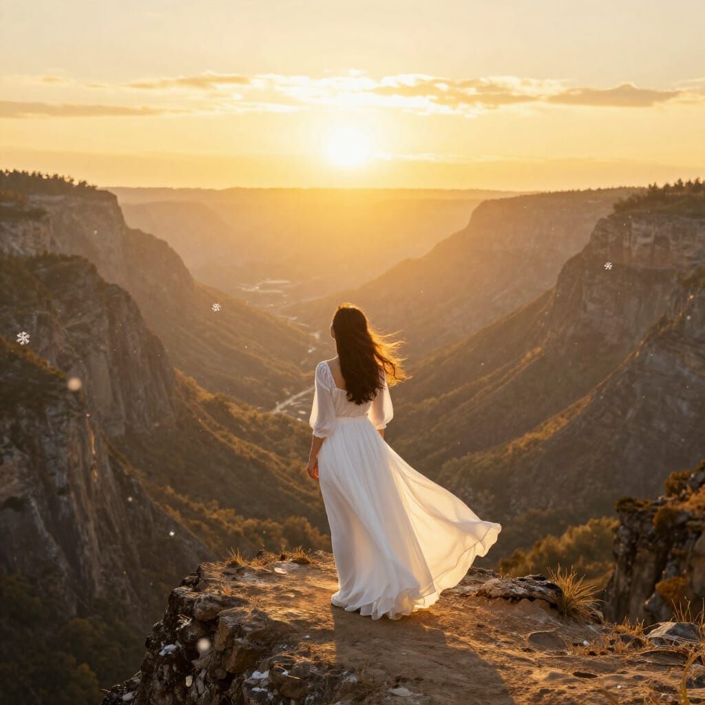 Woman Gazes at Sunrise Valley in Romanticism Style