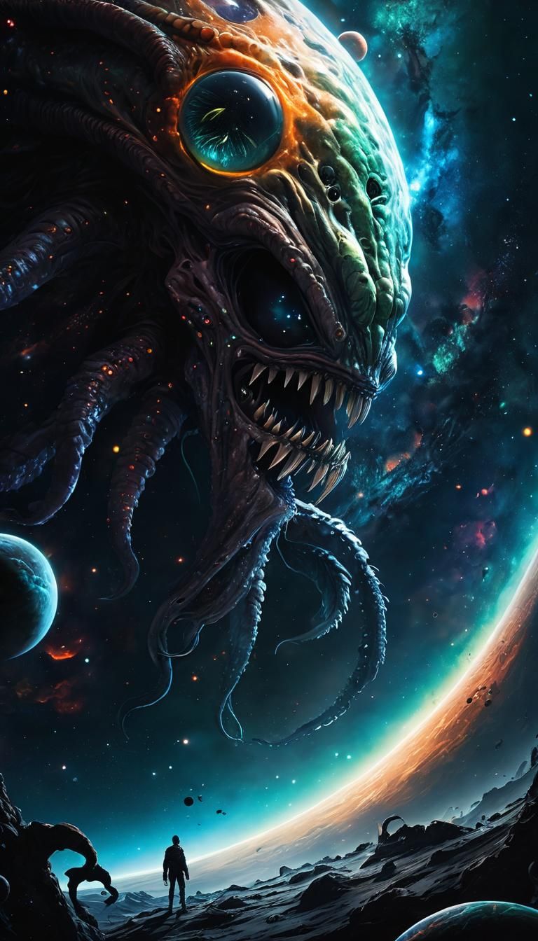 Grotesque Alien Devours Tiny Planet in Cosmic Depths