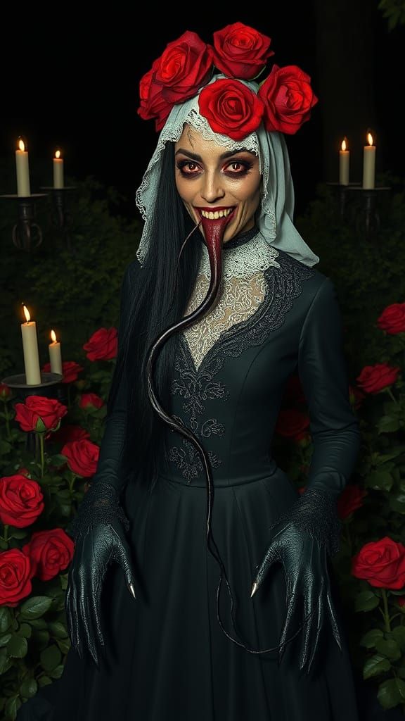 Ethereal Victorian Horror Goddess Amidst Night Roses