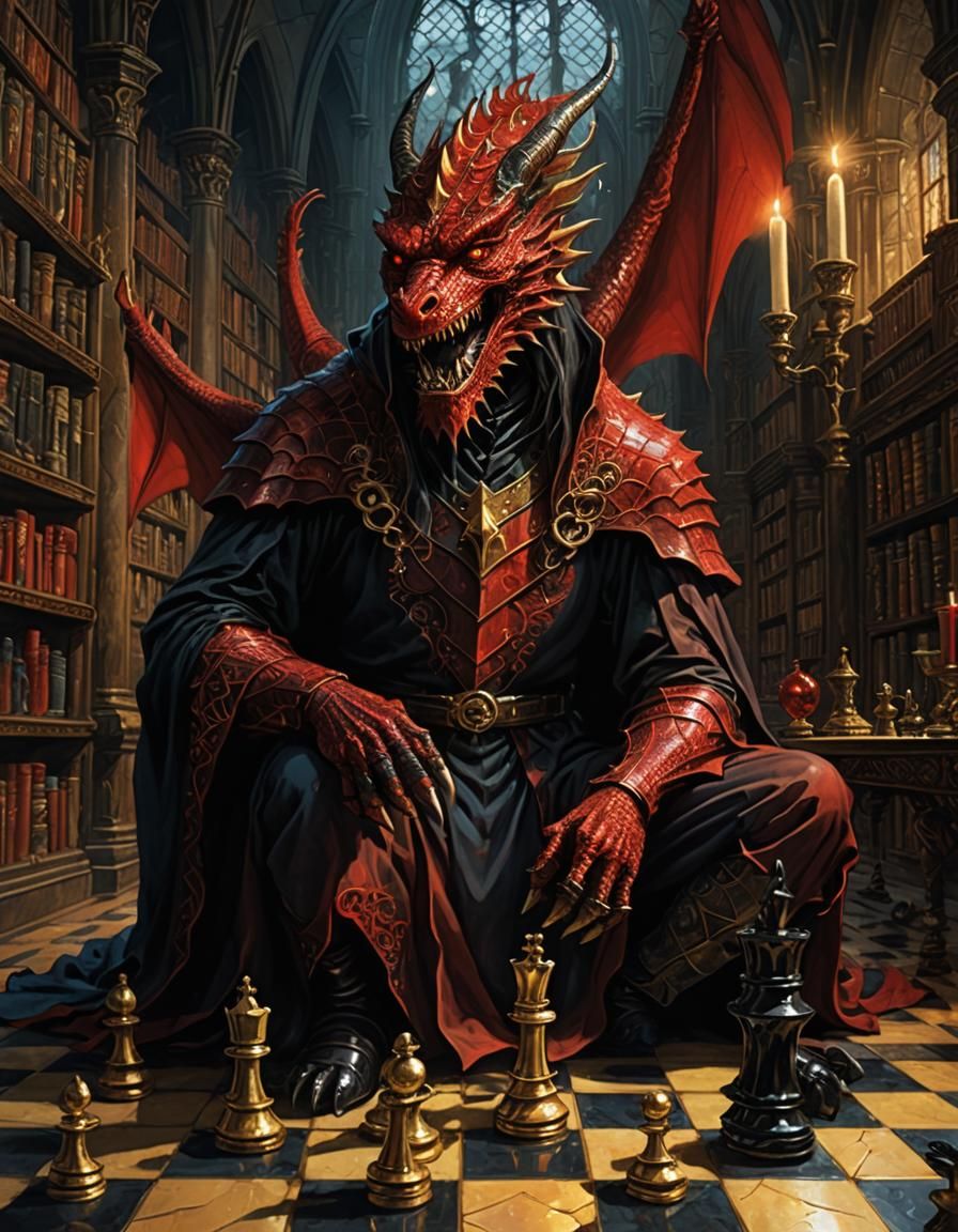 Wizard and Dragon Chess Game in Gothic Library
