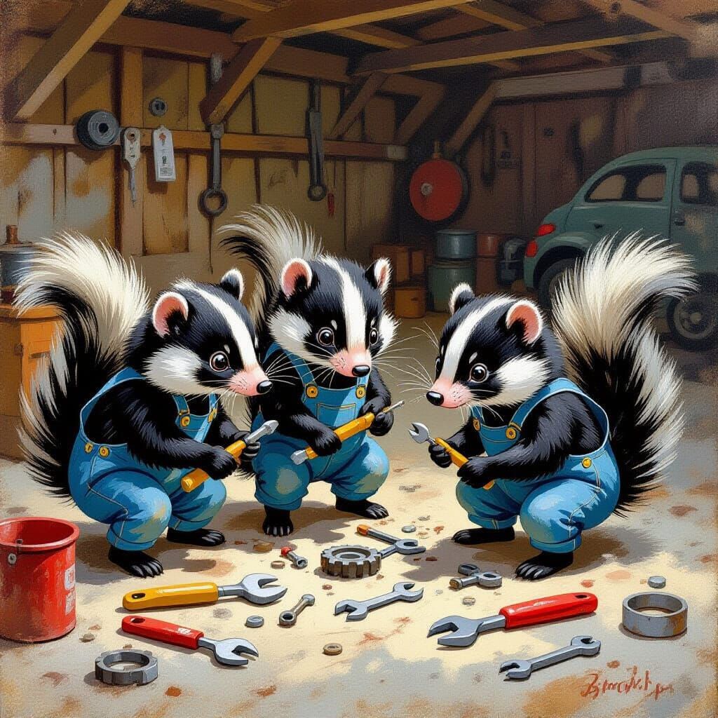 Skunks Repairing Cars in a Dusty Garage, Gouache Painting