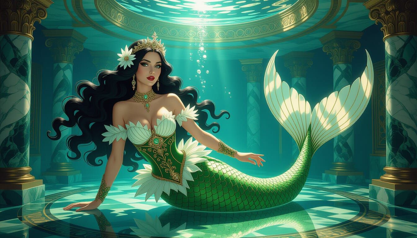 Steampunk Kiwi Mermaid Queen in Marble Chamber