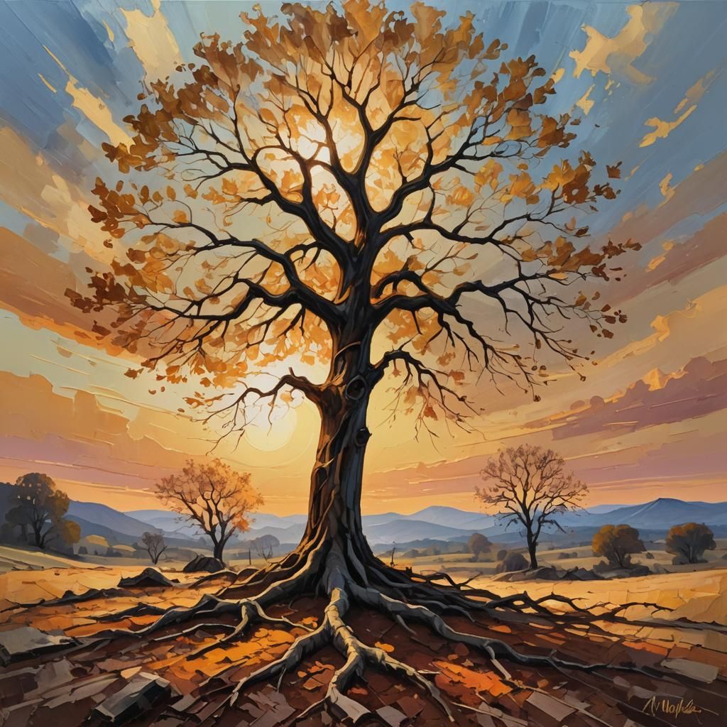 Lonely Tree on Barren Hill: Vibrant Oil Painting