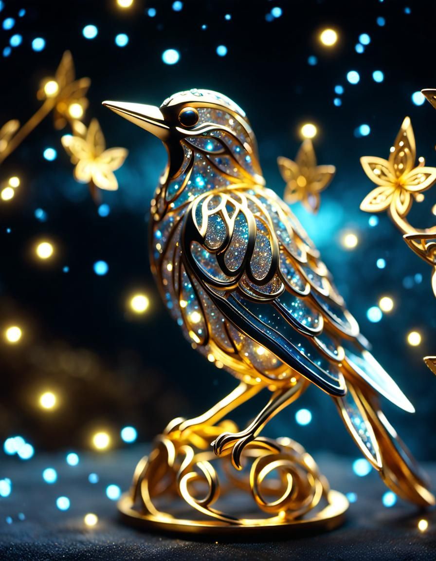 Golden Nebula Bird Figurine in Filigree