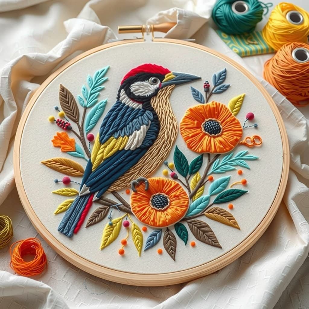 Vibrant Woodpecker Embroidery Art with Beautiful Threads