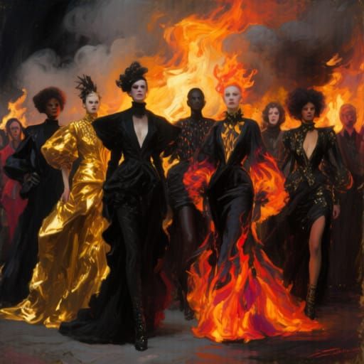 Avant-Garde Fashion Revolution in Fiery Oil Painting Style