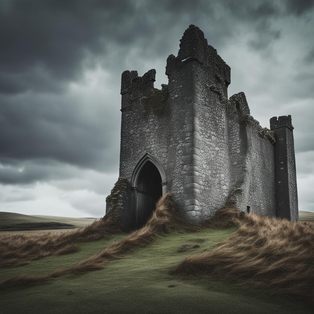 Eerie Ancient Irish Castle Ruins with Ghostly Figure