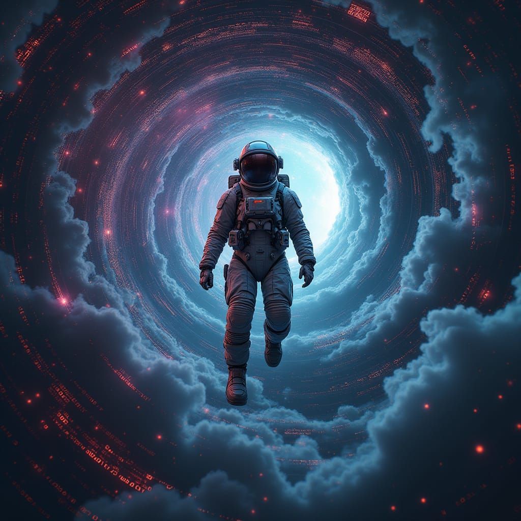 Cyberpunk Astronaut Surrounded by Swirling Matrix Code