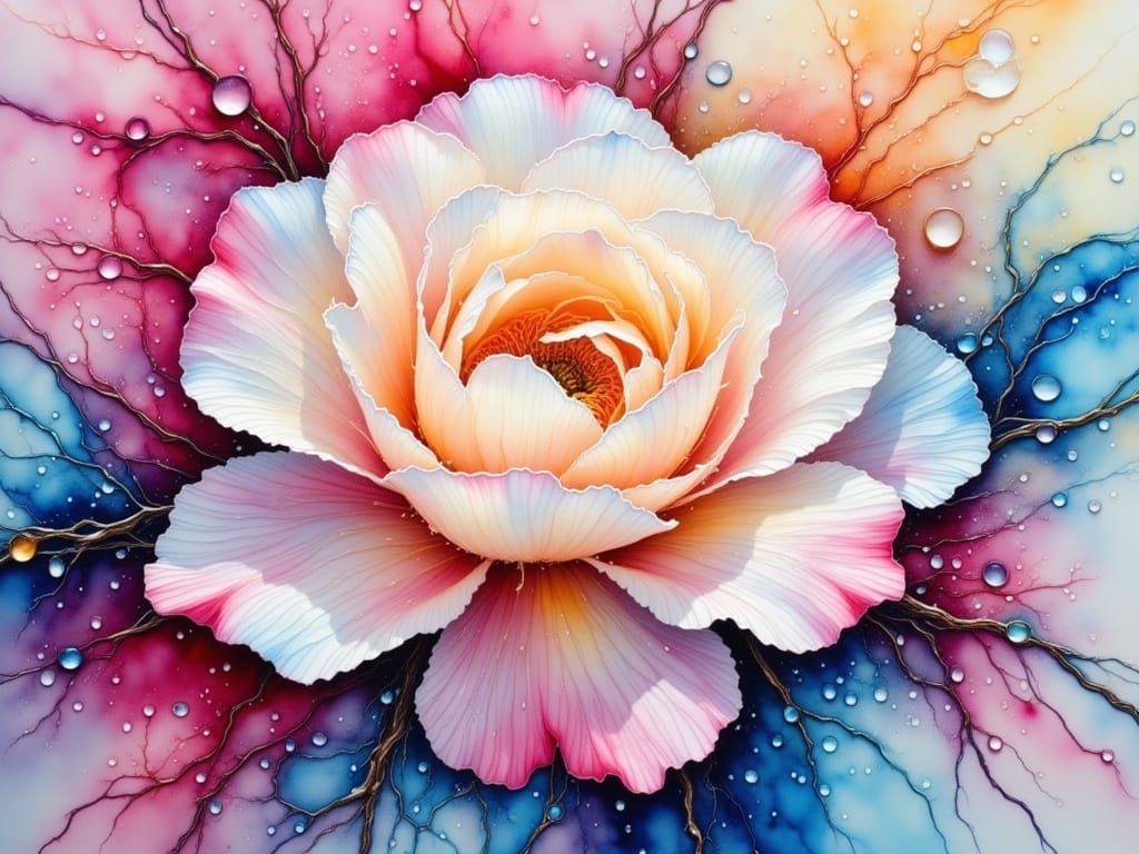 Shimmering White Rose with Dew Drops in Watercolor Style