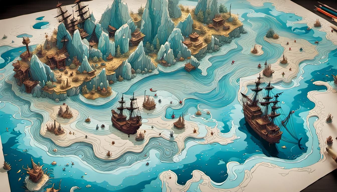 Intricate Undersea Pirate Map in Borderlands Style