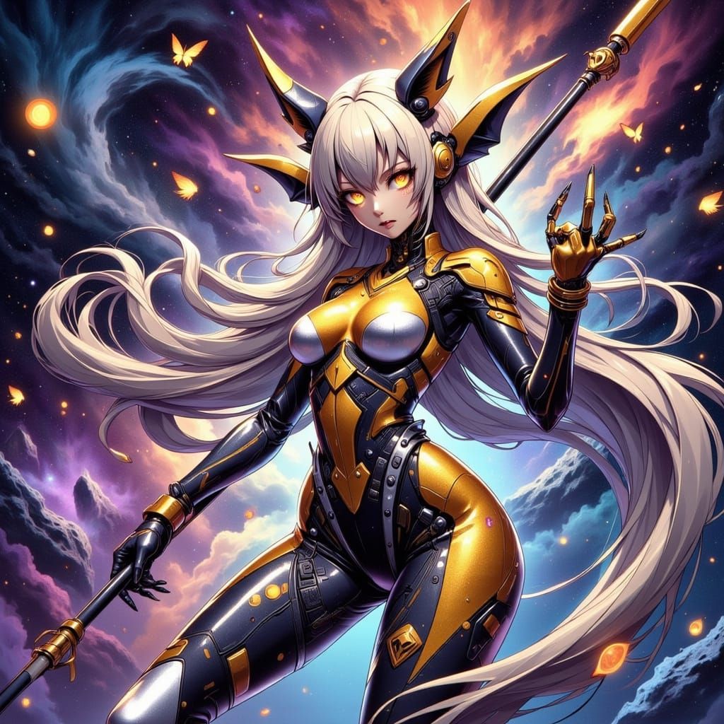 Android Celestial Being with Bat Oni Features and Glowing Ey...