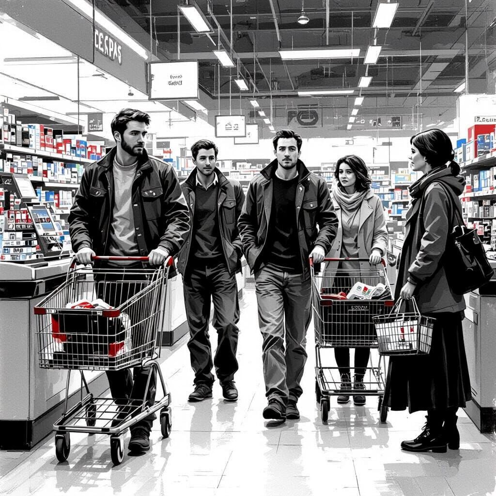 Men Take Priority: Supermarket Scene in Realist Style