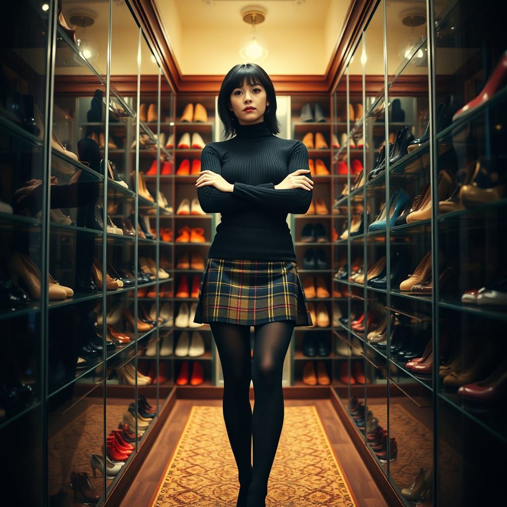 Confident Curvy Woman in Opulent Shoe Closet, Moody Lighting