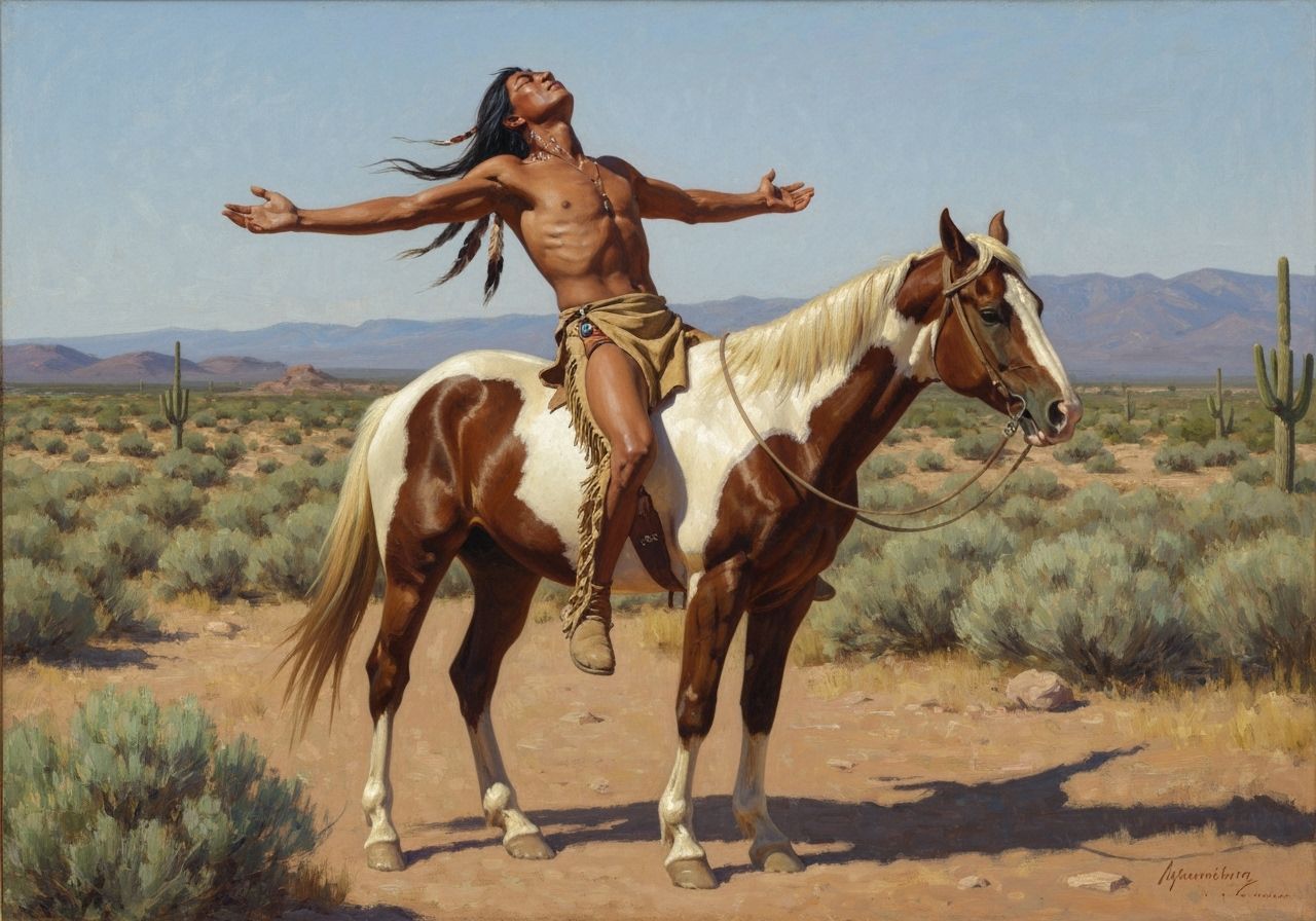 Native American Man on Horseback in Desert Landscape