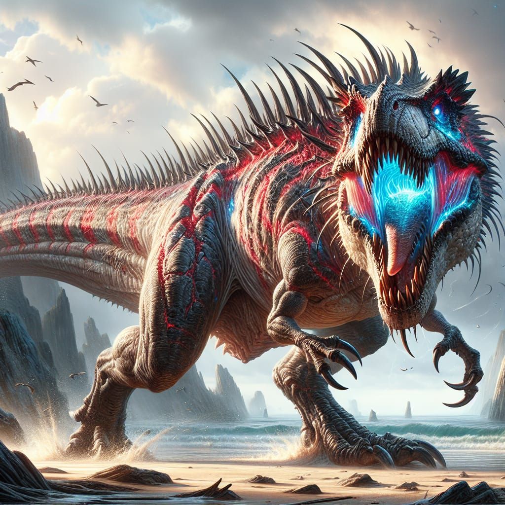 Fearsome T-Rex Rending Werewolf in Fantasy Art
