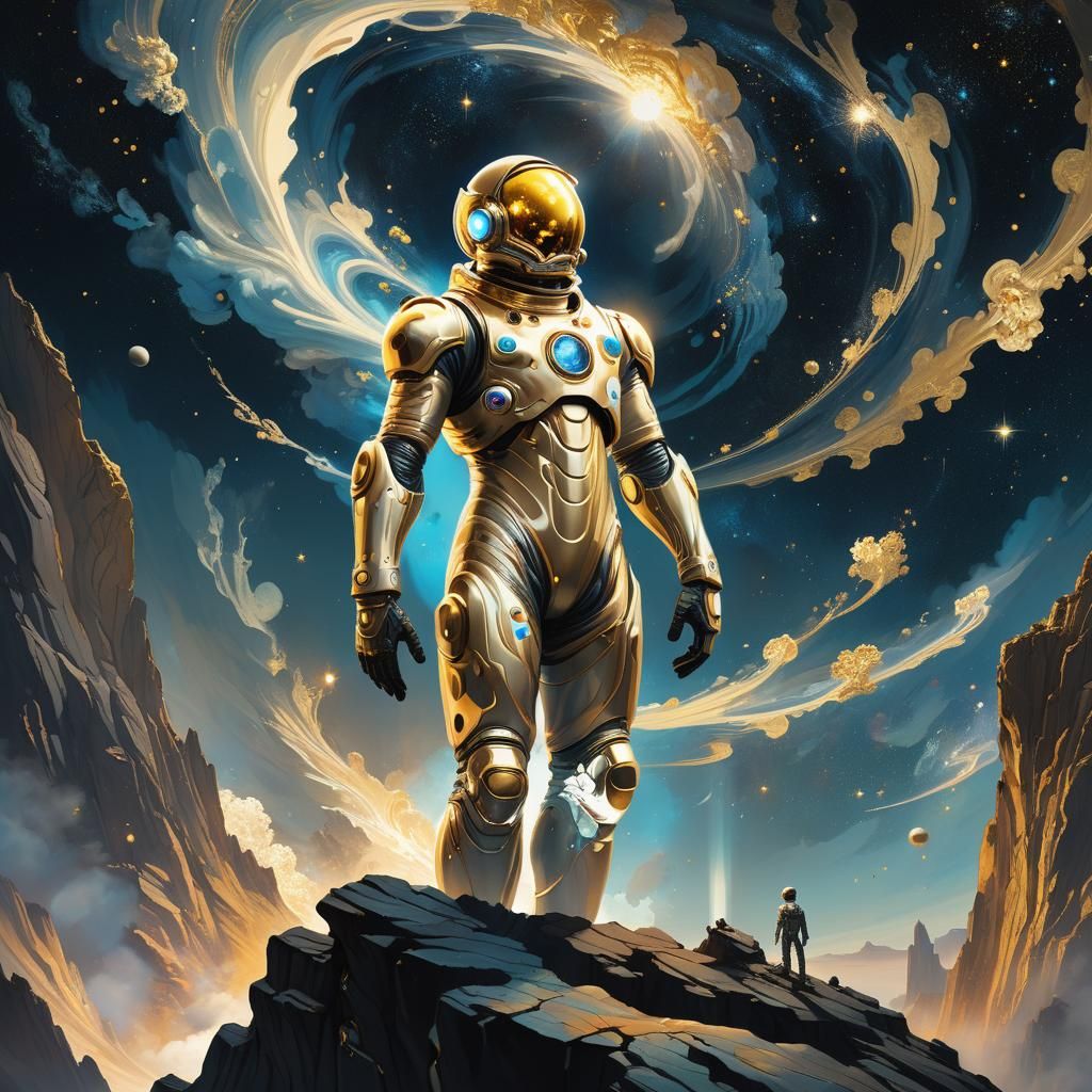 Fantasy Scientist Gazing at Golden Galaxy in Dark Style