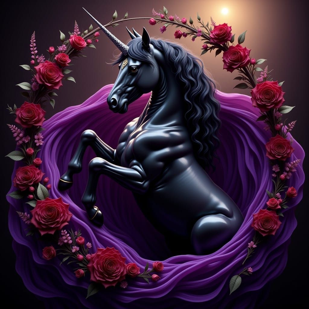 Majestic Black Unicorn with Silver Horn and Roses