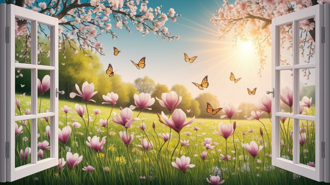 Vibrant Springtime Meadow Scene in Impressionist Style