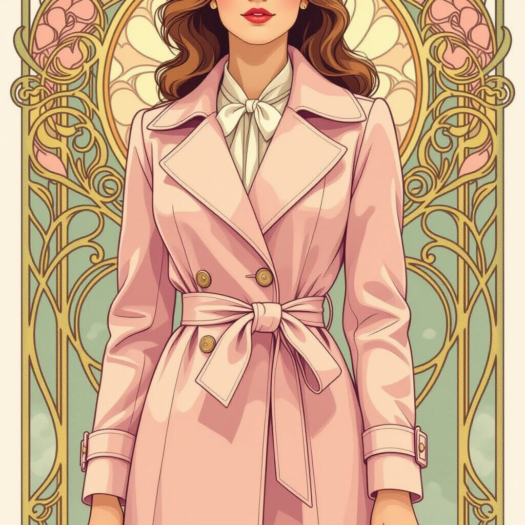 Elegant Pink Coat with Bow in Art Nouveau Style