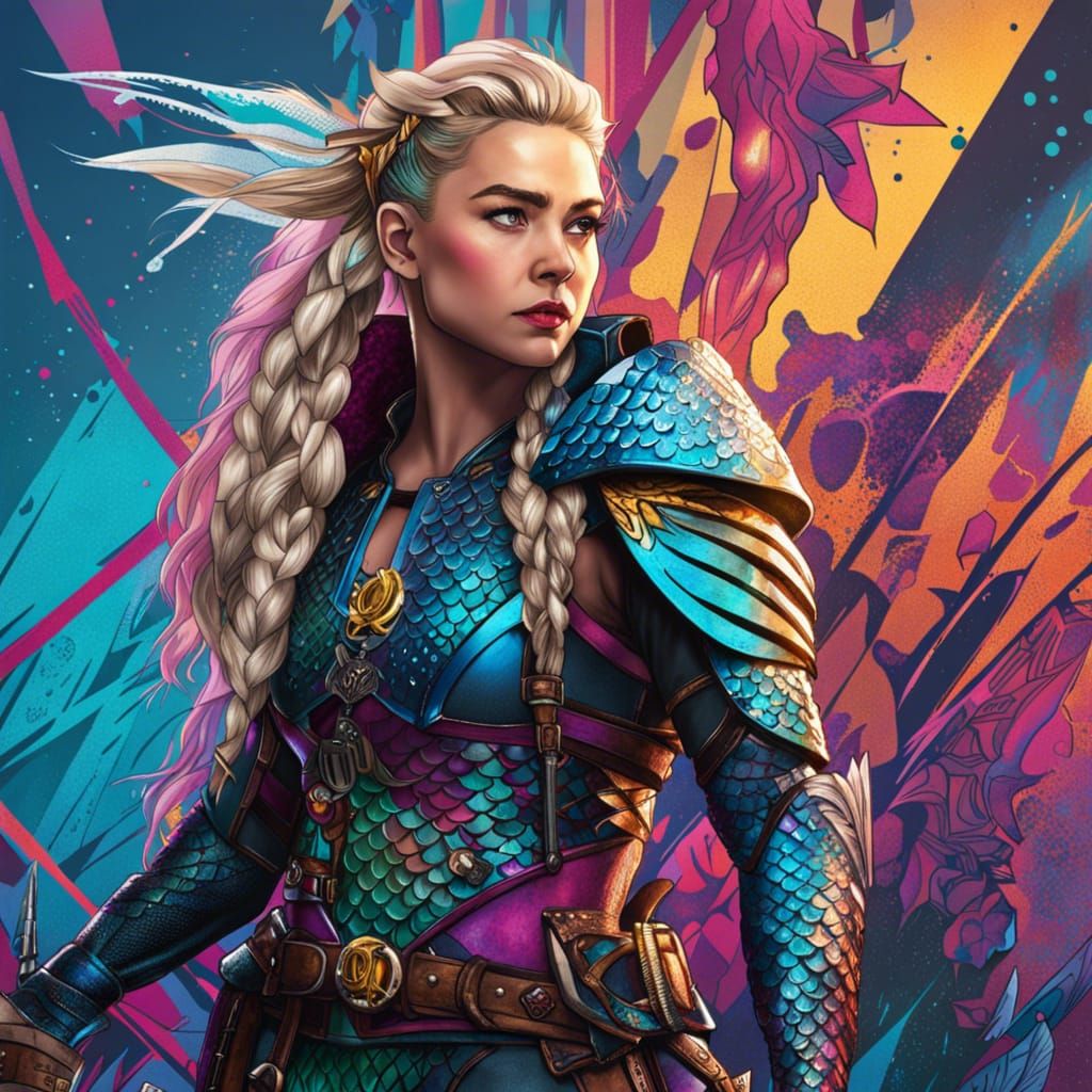 Futuristic Armored Mermaid-Fairy in Comic Graffiti Style