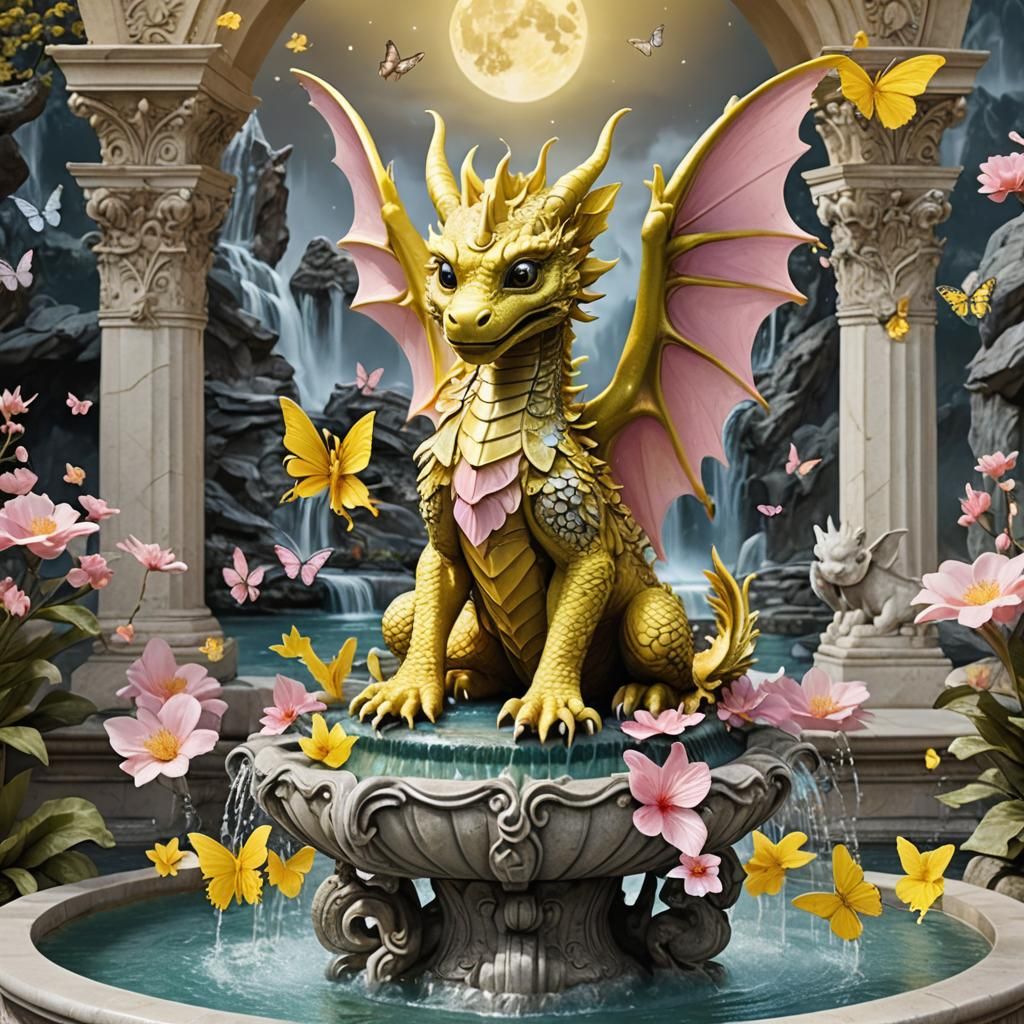Baby Dragon with Butterfly Fountain, Airbrush Art