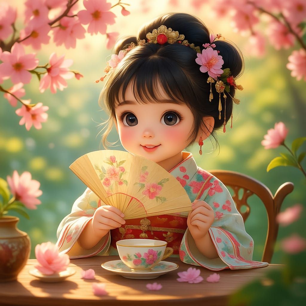 Chubby Girl in Ancient Chinese Attire Sips Tea in Tranquil G...