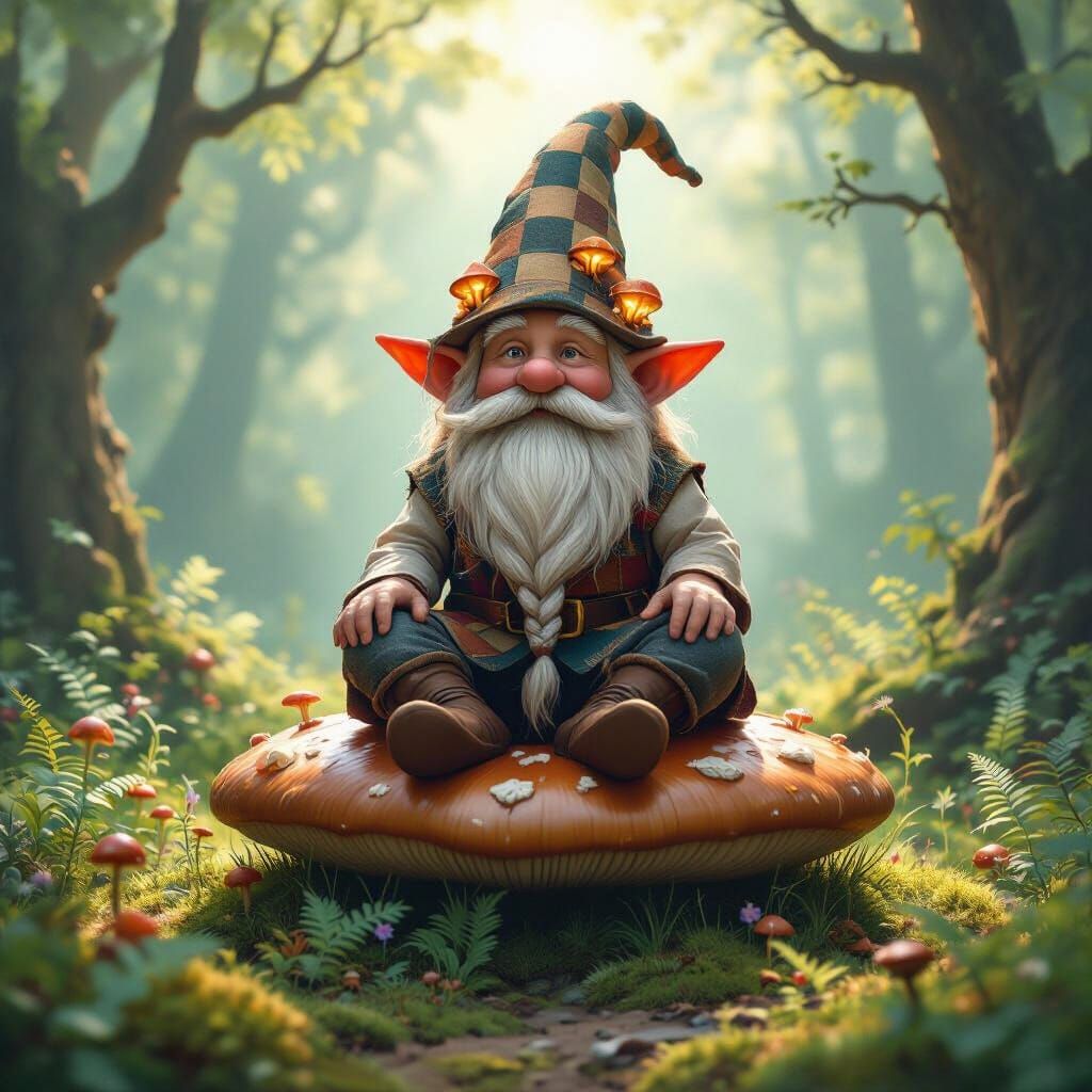 Gnome on Toadstool in Sun-Dappled Forest, Rackham Style