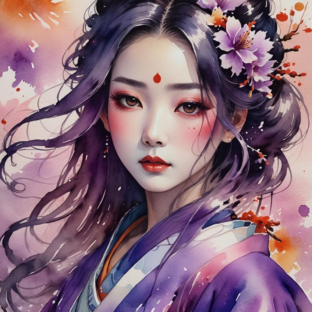 Anime-Style Geisha Portrait in Watercolor