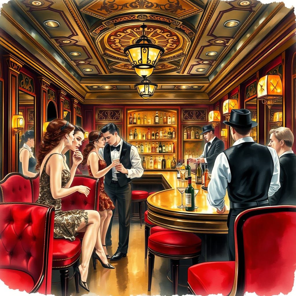 1920s Speakeasy Bar Interior in Watercolor Style