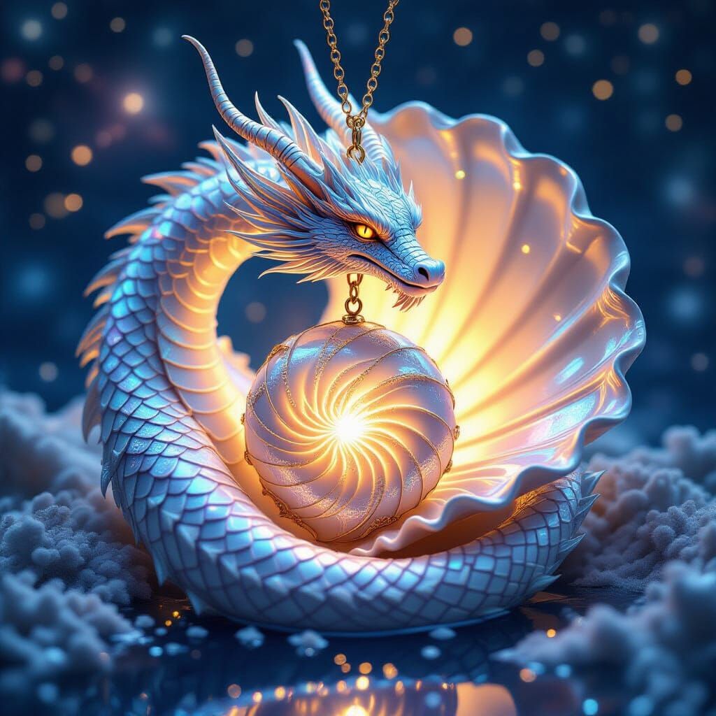 Cosmic Dragon with Seashell Pendant in Dreamlike Style