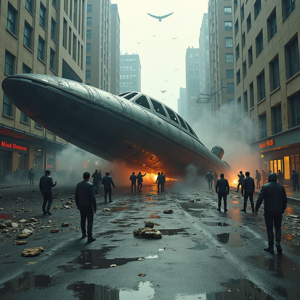 Chaotic Street Battle with Crashed UFO in Industrial Futuris...