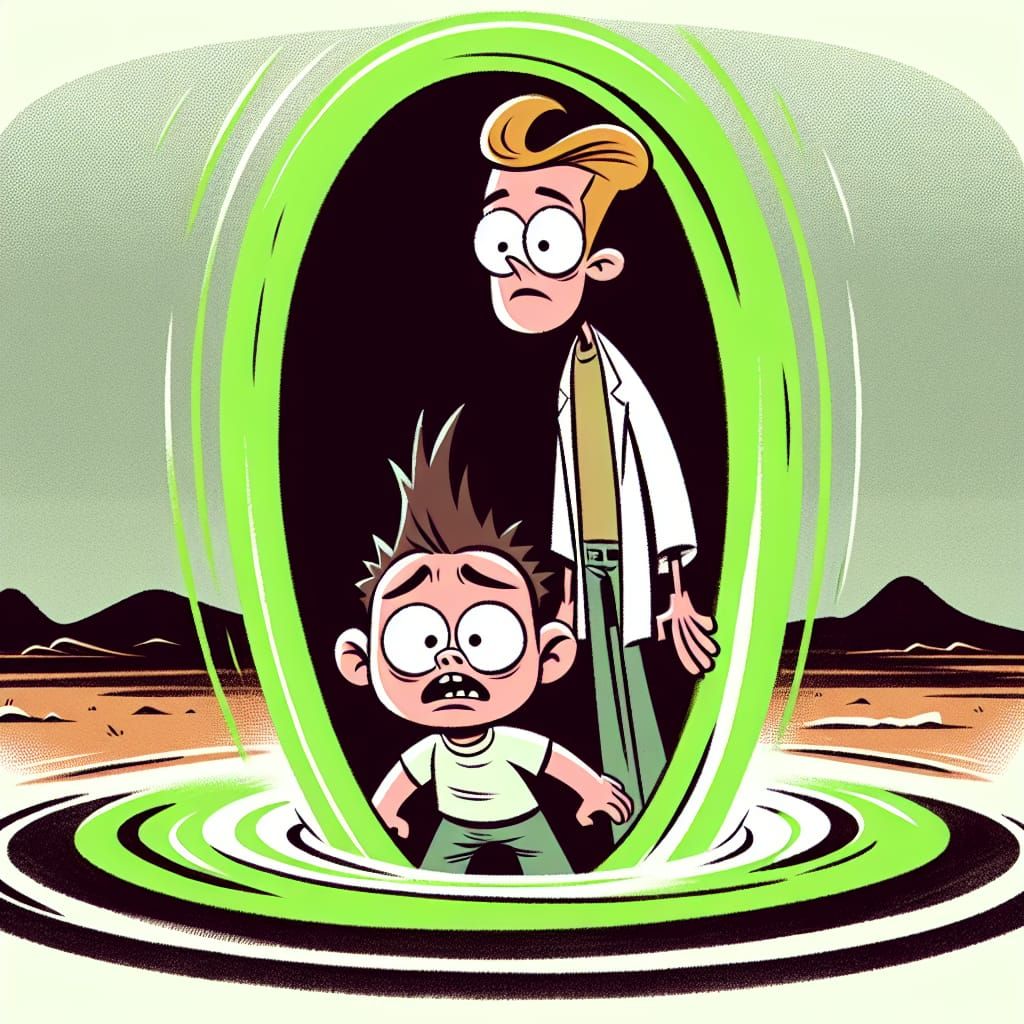 Cartoon Characters Emerge from Portal in Animated Style