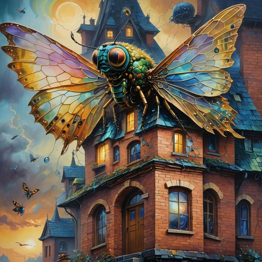 Surreal Insect House in Dreamlike Landscape