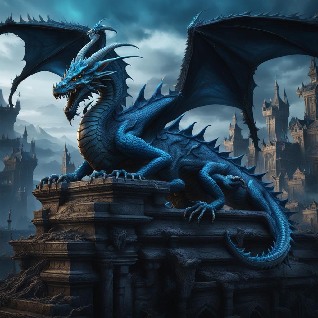 Macabre Blue Dragon in Detailed Matte Painting