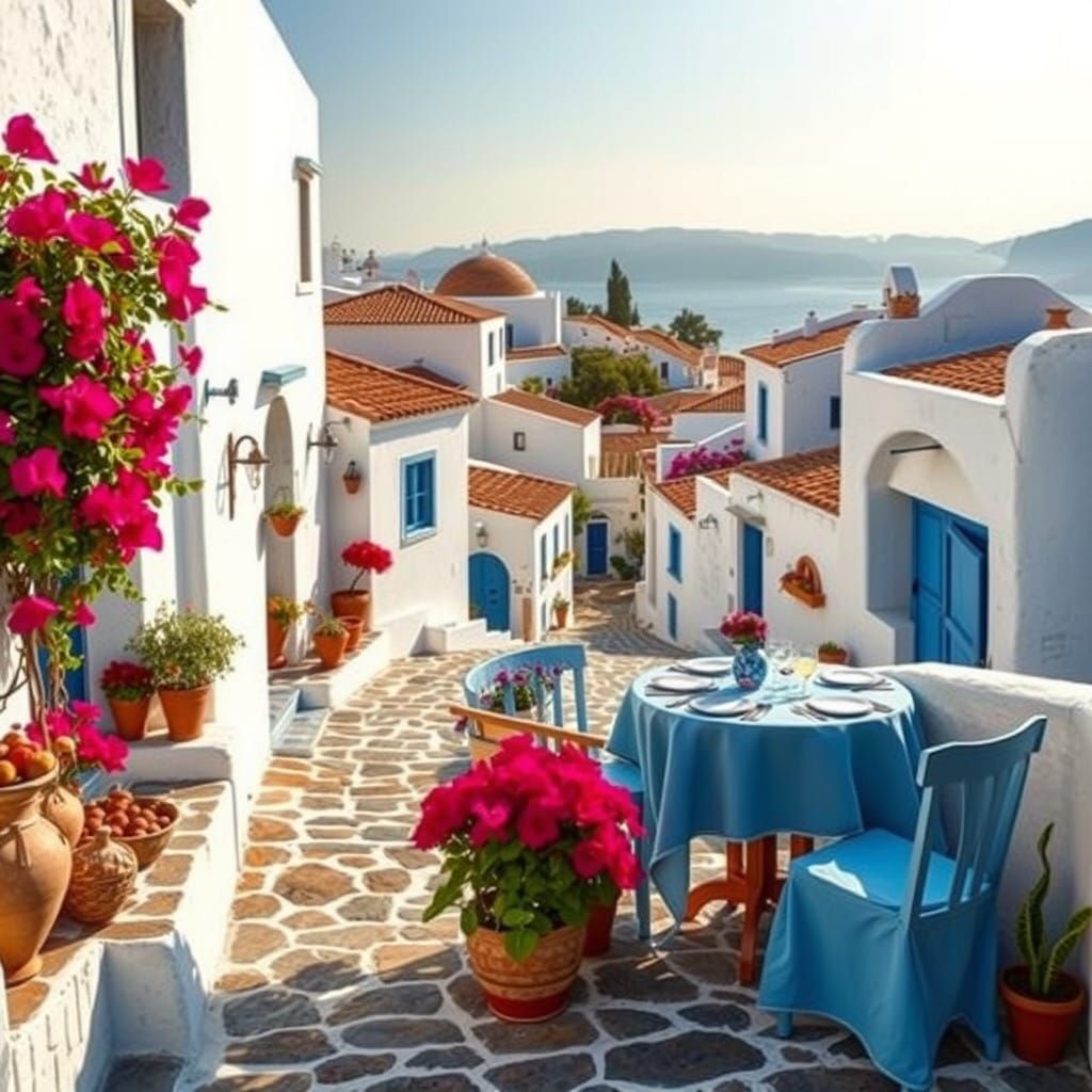 Traditional Greek Village Feast in Whitewashed Town