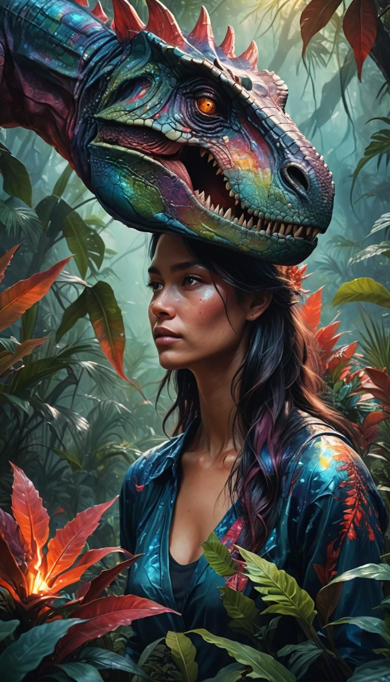 Woman Transforms Into Dinosaur in Oil Painting Style