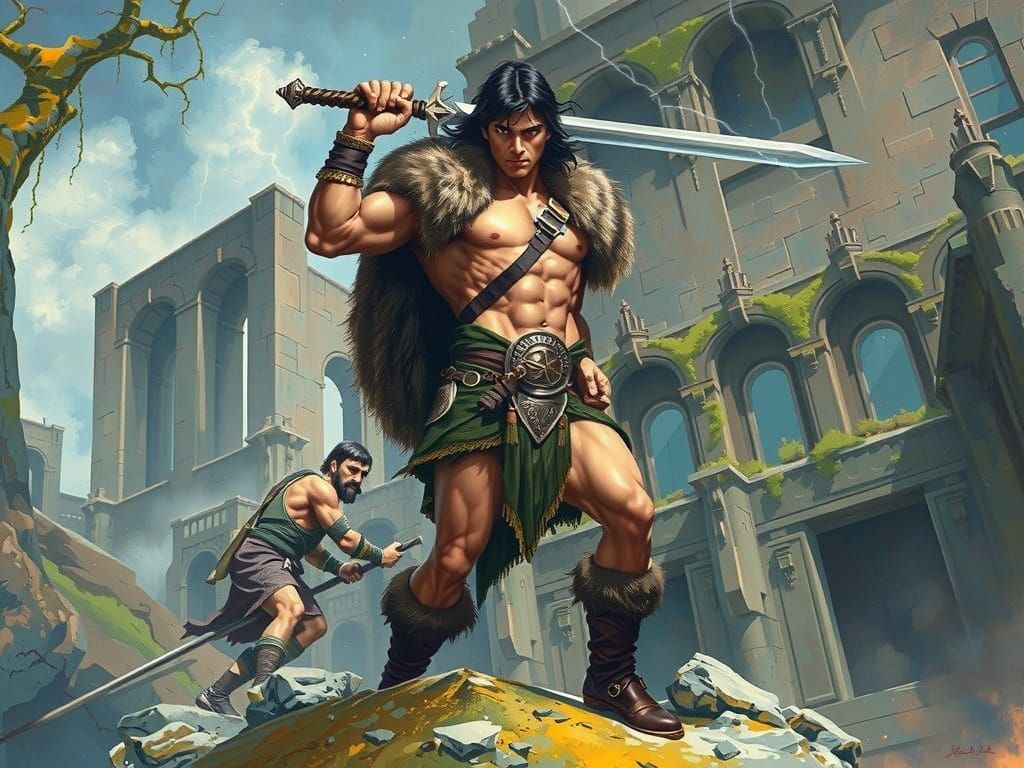 Heroic Warrior in a Stormy Landscape, in the Style of Classi...