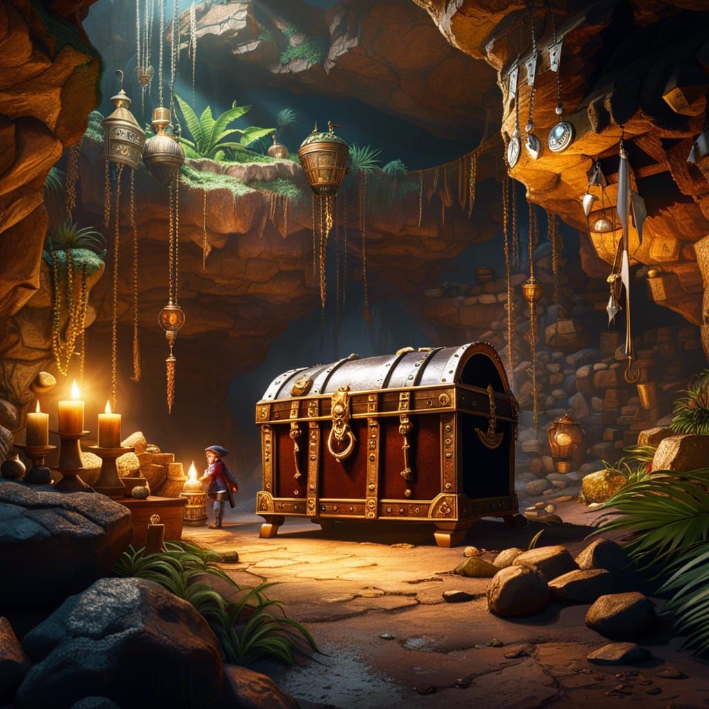 Pirate hideout. Cave interior with pirates looking into treasure chests with gold. Breathtaking Fantasycore Artwork By A...