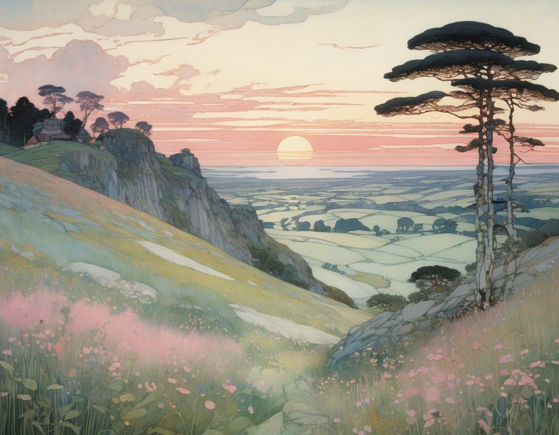 Whimsical Summer Sunset in Art Nouveau Style