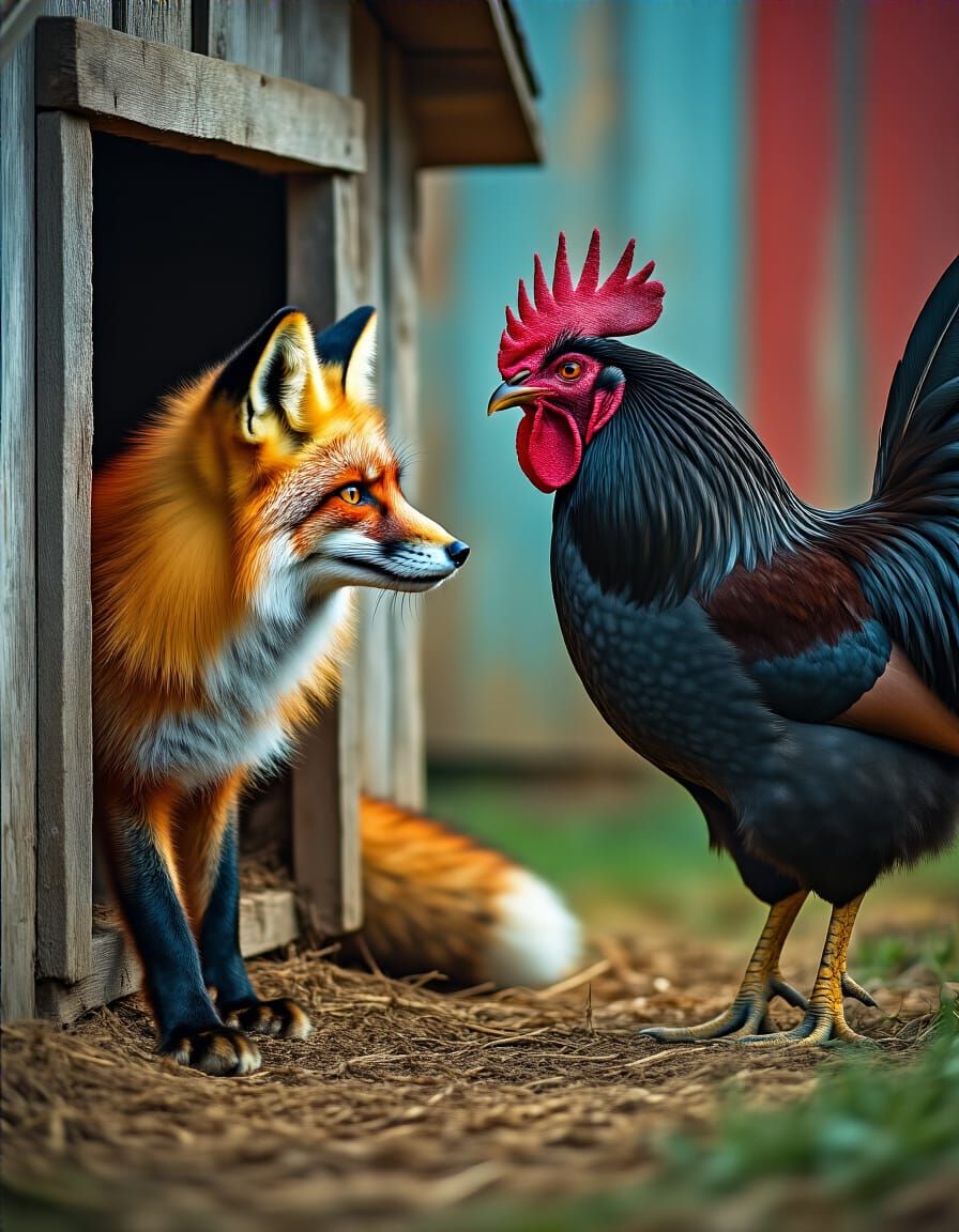 Fox Meets Rooster in Hyperrealistic Rural Scene