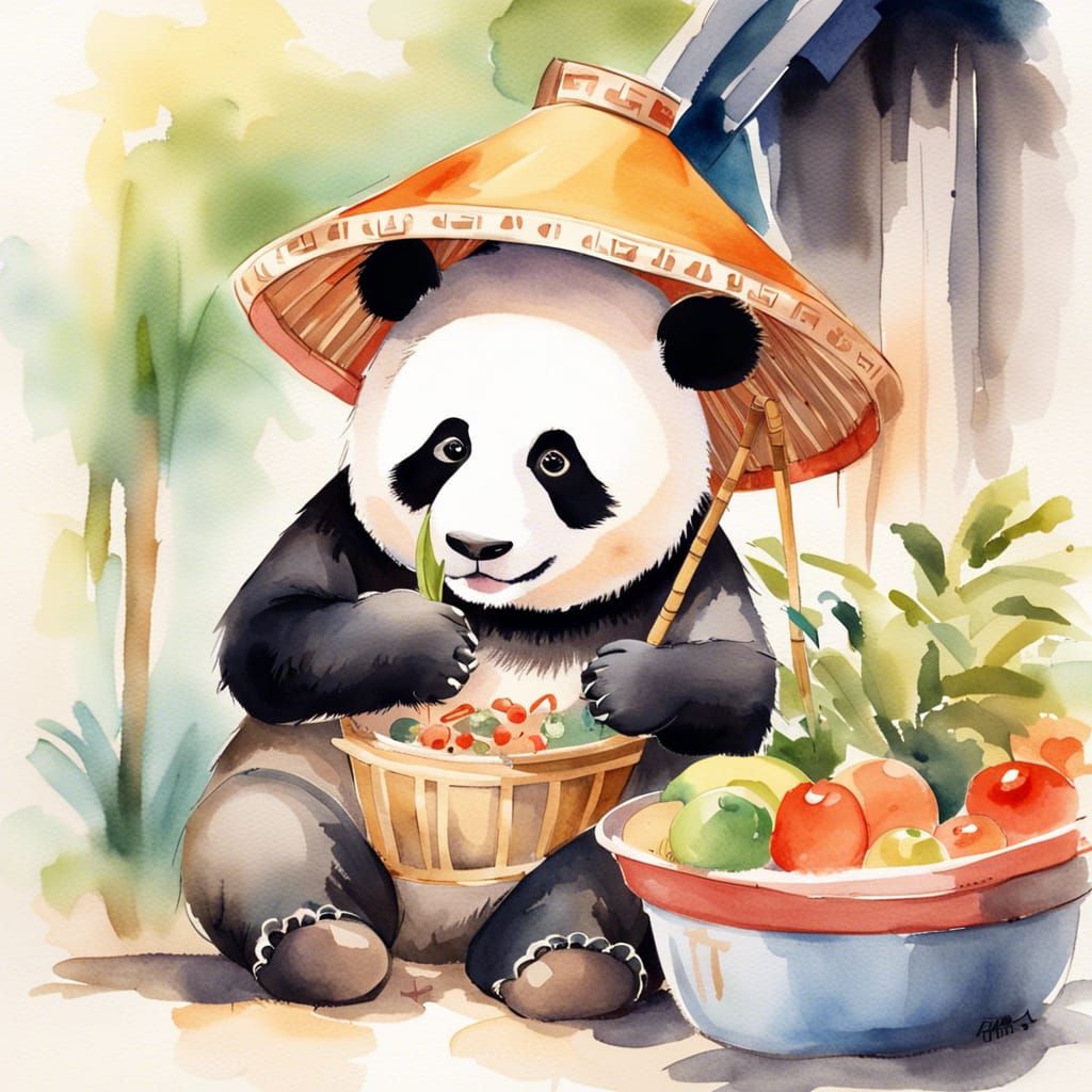 Panda Shops in Chinese Village: Watercolor Style