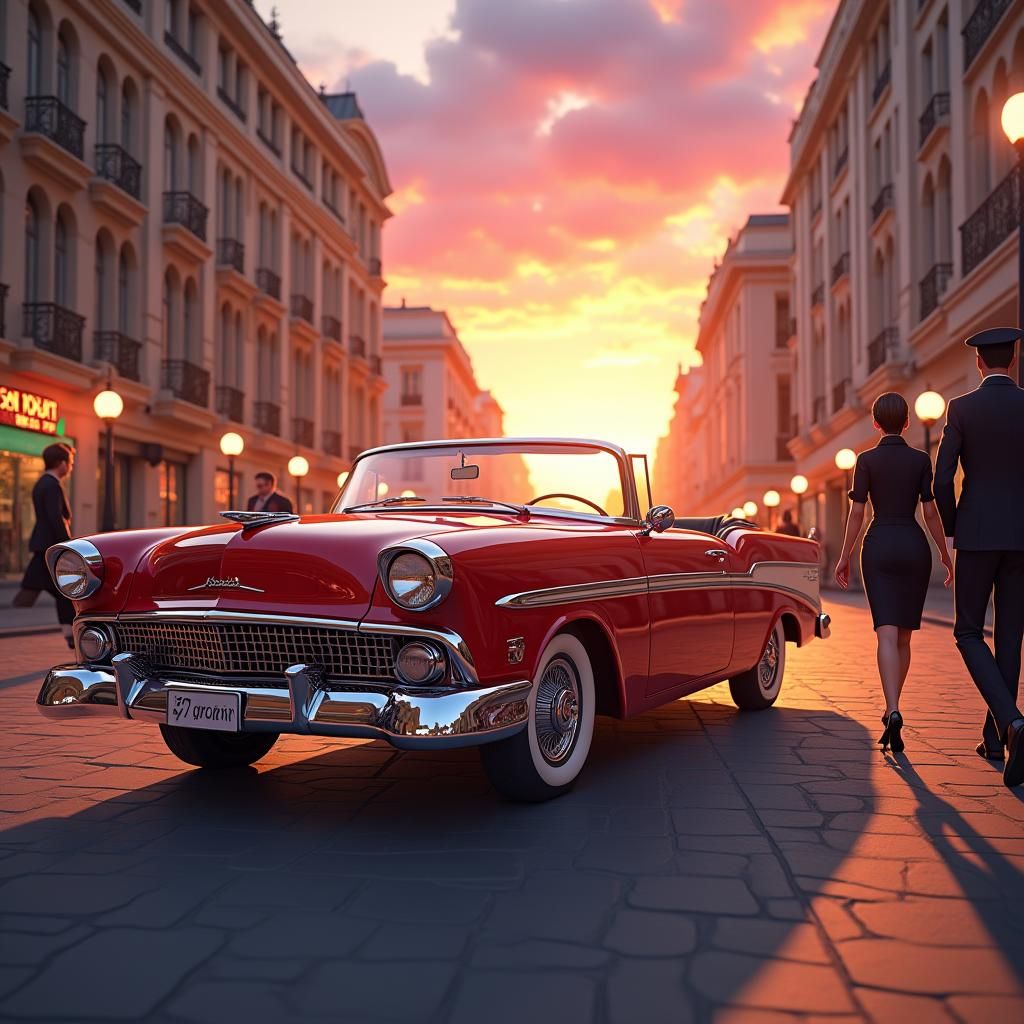 1950s Convertible on City Street, Anime-Inspired Concept Art