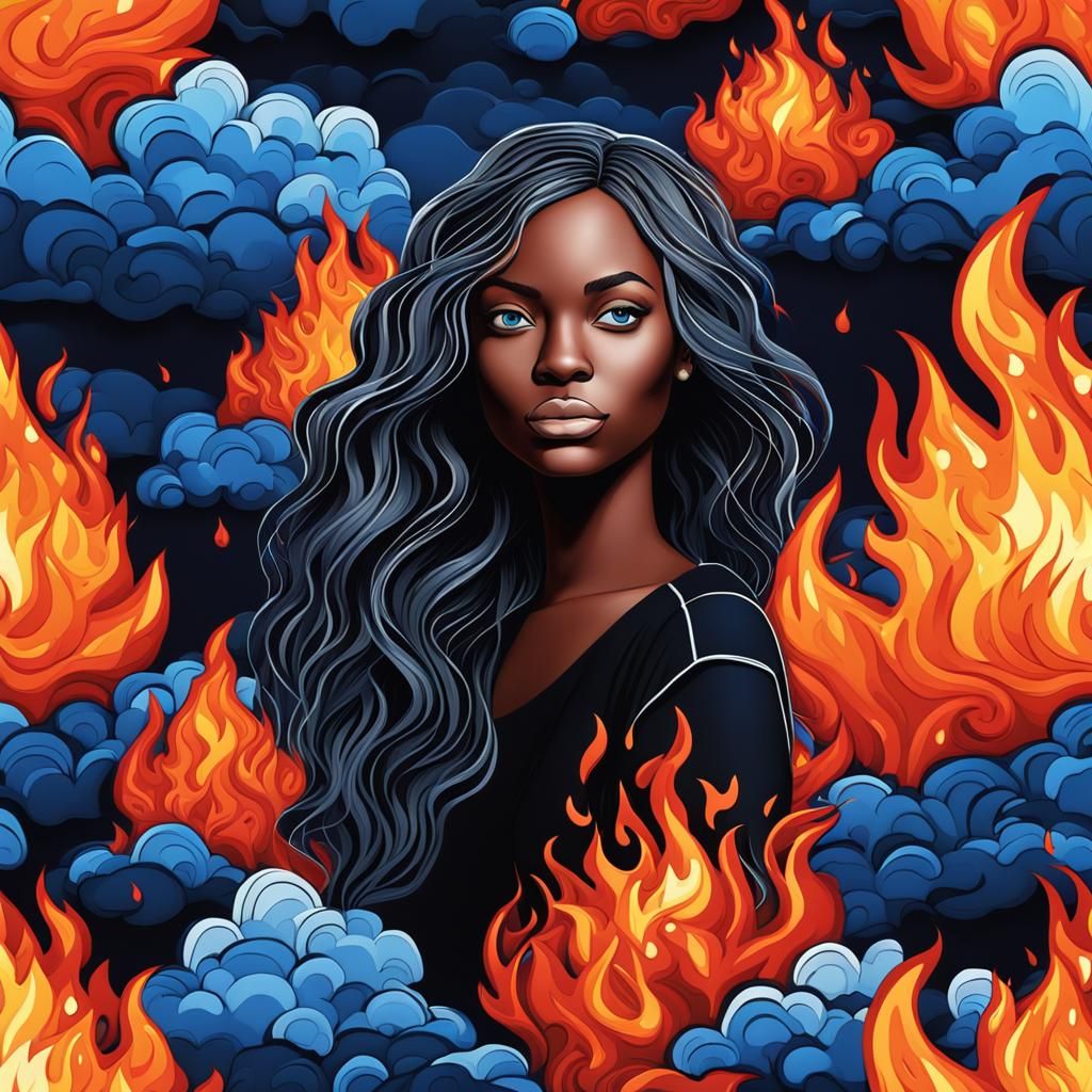 Woman in Flaming Flower Field: 3D Pop Art