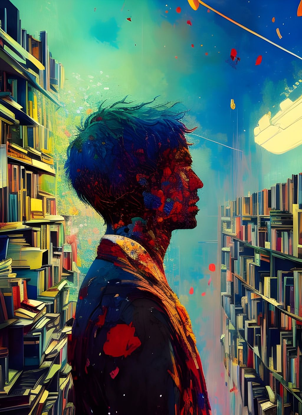 Detailed Library Portrait in Digital Illustration Style