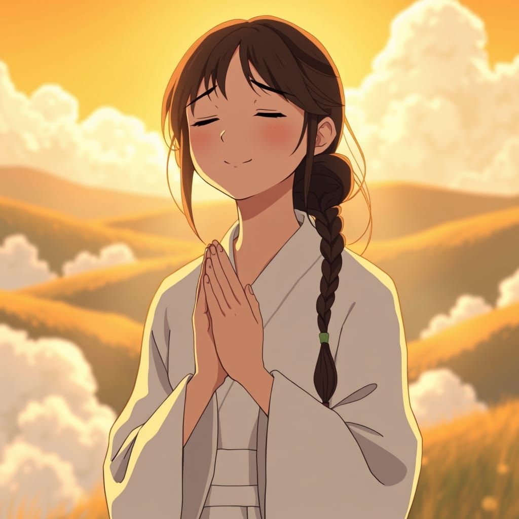 Woman in Prayer in Anime Style